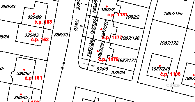 Nýřany 1178 na parcele st. 1987/251 v KÚ Nýřany, Katastrální mapa