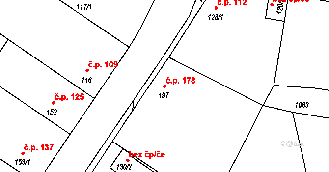 Dřísy 178 na parcele st. 197 v KÚ Dřísy, Katastrální mapa