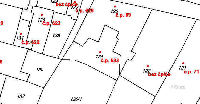 Loštice 533 na parcele st. 124 v KÚ Loštice, Katastrální mapa