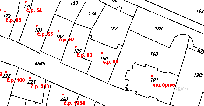 Louny 69 na parcele st. 186 v KÚ Louny, Katastrální mapa