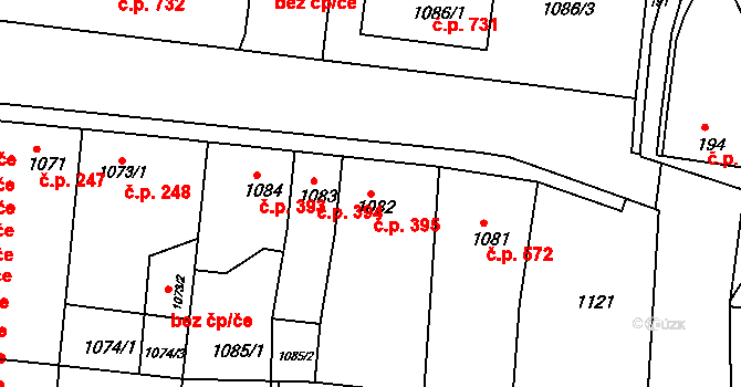 Podbořany 395 na parcele st. 1082 v KÚ Podbořany, Katastrální mapa