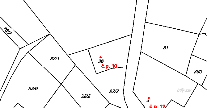 Simtany 10, Pohled na parcele st. 36 v KÚ Simtany, Katastrální mapa