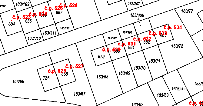 Postřižín 529 na parcele st. 679 v KÚ Postřižín, Katastrální mapa