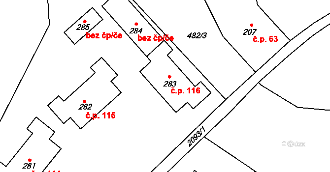 Skuhrov nad Bělou 116 na parcele st. 283 v KÚ Skuhrov nad Bělou, Katastrální mapa
