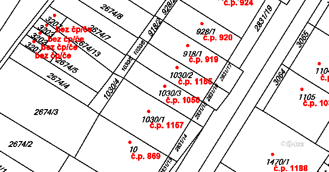 Bystřice pod Hostýnem 1050 na parcele st. 1030/3 v KÚ Bystřice pod Hostýnem, Katastrální mapa