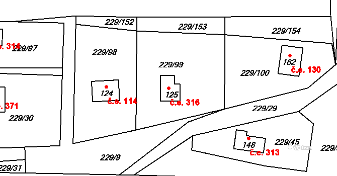 Hostěradice 316, Kamenný Přívoz na parcele st. 125 v KÚ Hostěradice, Katastrální mapa