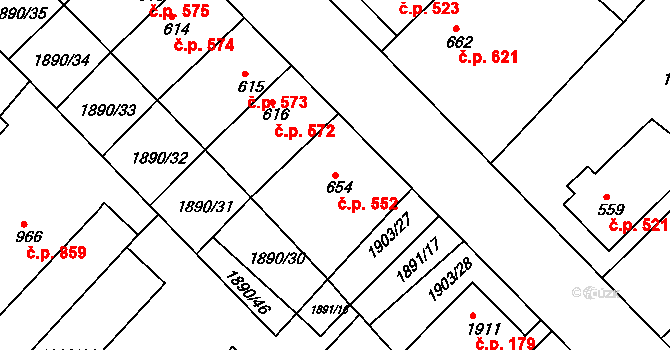 Tišnov 552 na parcele st. 654 v KÚ Tišnov, Katastrální mapa