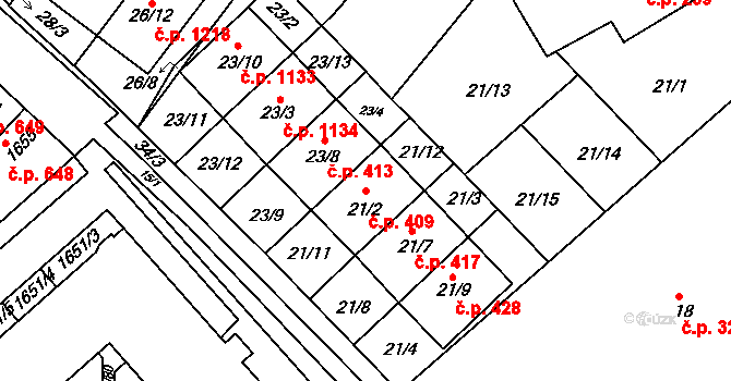 Rousínov 409 na parcele st. 21/2 v KÚ Rousínov u Vyškova, Katastrální mapa