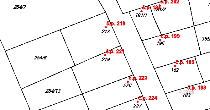 Veltruby 221 na parcele st. 219 v KÚ Veltruby, Katastrální mapa