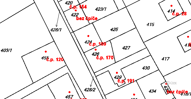 Srby 170, Tuchlovice na parcele st. 426 v KÚ Srby u Tuchlovic, Katastrální mapa