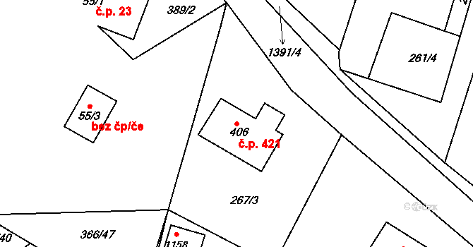 Raškovice 421 na parcele st. 406 v KÚ Raškovice, Katastrální mapa