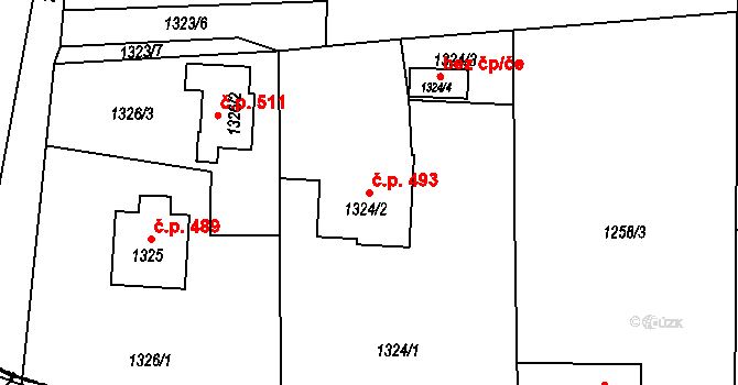 Staříč 493 na parcele st. 1324/2 v KÚ Staříč, Katastrální mapa