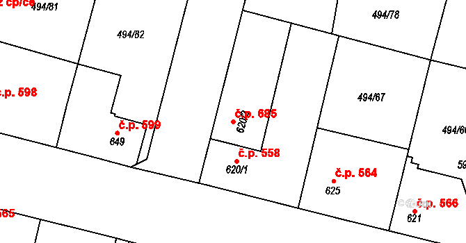 Libochovice 685 na parcele st. 620/2 v KÚ Libochovice, Katastrální mapa