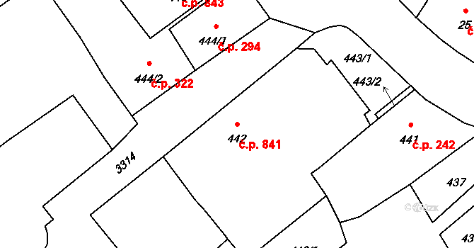 Pelhřimov 841 na parcele st. 442 v KÚ Pelhřimov, Katastrální mapa