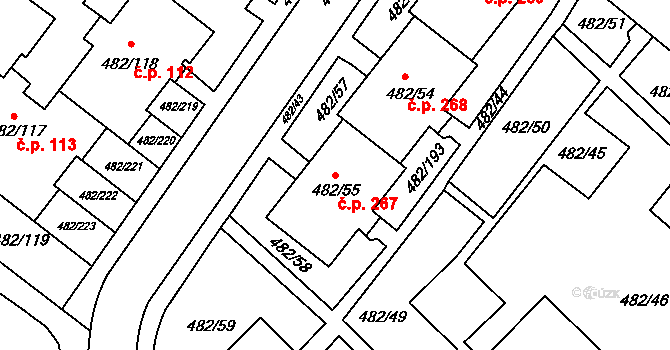 Frýdek 267, Frýdek-Místek na parcele st. 482/55 v KÚ Frýdek, Katastrální mapa