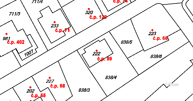 Daliměřice 59, Turnov na parcele st. 222 v KÚ Daliměřice, Katastrální mapa