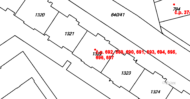 Prosek 689,690,691,692,693,, Praha na parcele st. 1322 v KÚ Prosek, Katastrální mapa