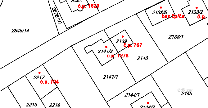 Kyje 1276, Praha na parcele st. 2141/2 v KÚ Kyje, Katastrální mapa