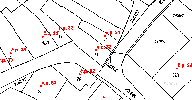 Rožmitál pod Třemšínem 32 na parcele st. 14 v KÚ Rožmitál pod Třemšínem, Katastrální mapa