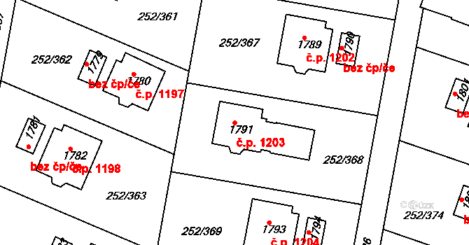 Rosice 1203 na parcele st. 1791 v KÚ Rosice u Brna, Katastrální mapa
