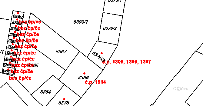 Jižní Předměstí 1306,1307,1308, Plzeň na parcele st. 8376/1 v KÚ Plzeň, Katastrální mapa