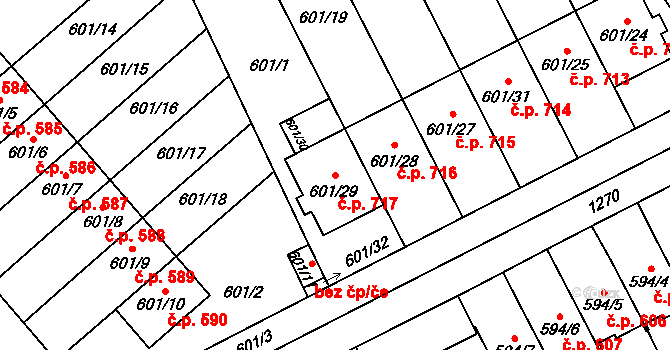 Černice 717, Plzeň na parcele st. 601/29 v KÚ Hradiště u Plzně, Katastrální mapa