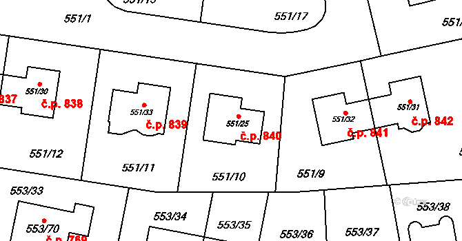 Dolní Chabry 840, Praha na parcele st. 551/25 v KÚ Dolní Chabry, Katastrální mapa