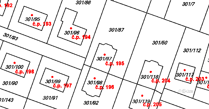 Hlušovice 195 na parcele st. 301/97 v KÚ Hlušovice, Katastrální mapa