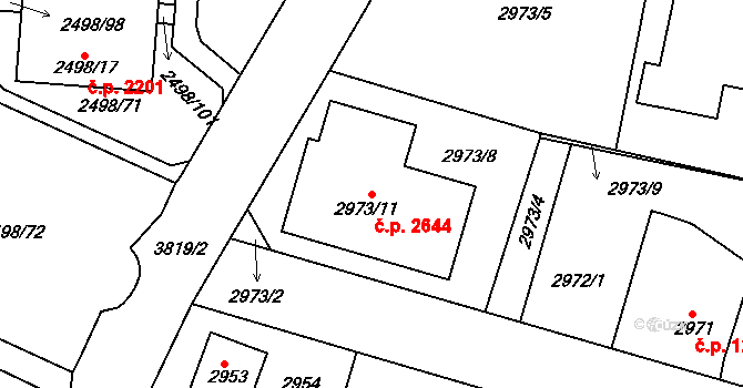Horní Počernice 2644, Praha na parcele st. 2973/11 v KÚ Horní Počernice, Katastrální mapa