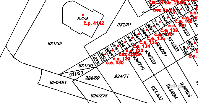 Hodonín 130 na parcele st. 3650 v KÚ Hodonín, Katastrální mapa