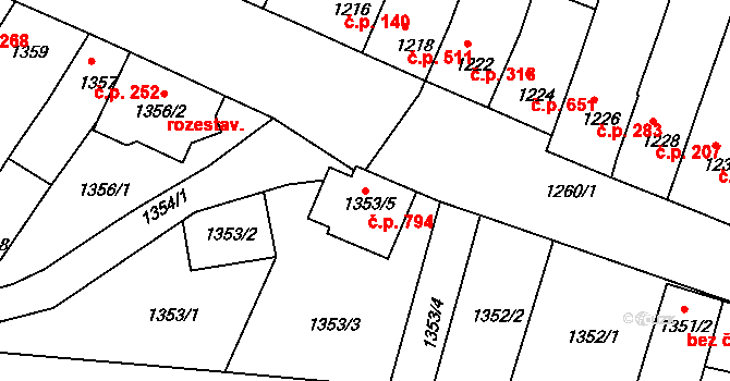 Střelice 794 na parcele st. 1353/5 v KÚ Střelice u Brna, Katastrální mapa