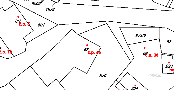 Ruda 45 na parcele st. 65 v KÚ Ruda u Velkého Meziříčí, Katastrální mapa