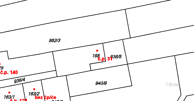 Skřipov 31 na parcele st. 188 v KÚ Skřipov, Katastrální mapa