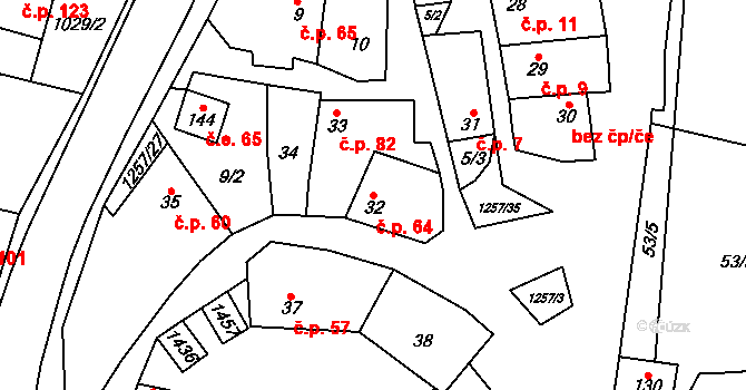 Medlovice 64 na parcele st. 32 v KÚ Medlovice u Uherského Hradiště, Katastrální mapa