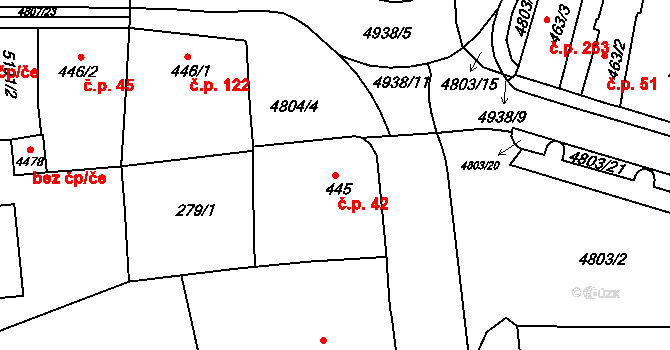 Hořejší Předměstí 42, Domažlice na parcele st. 445 v KÚ Domažlice, Katastrální mapa