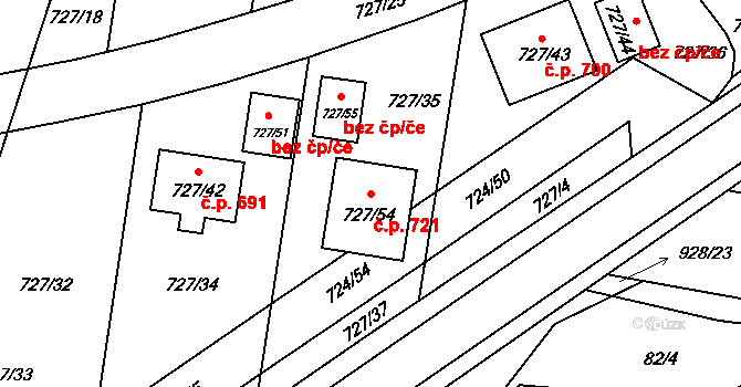 Božkov 721, Plzeň na parcele st. 727/54 v KÚ Božkov, Katastrální mapa