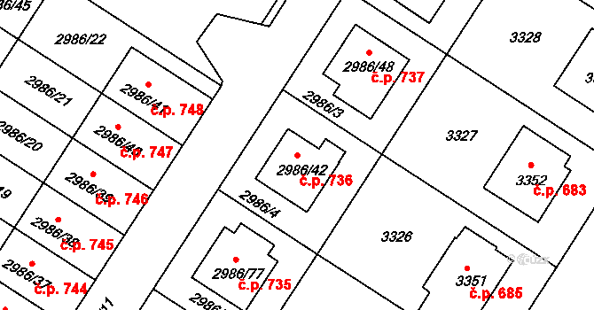 Kamenice nad Lipou 736 na parcele st. 2986/42 v KÚ Kamenice nad Lipou, Katastrální mapa