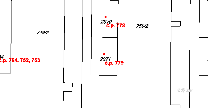 Podbořany 779 na parcele st. 2071 v KÚ Podbořany, Katastrální mapa
