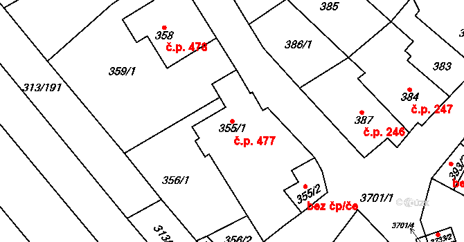Vyškov-Předměstí 477, Vyškov na parcele st. 355/1 v KÚ Vyškov, Katastrální mapa