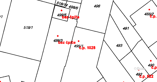 Benešov 1028 na parcele st. 495/1 v KÚ Benešov u Prahy, Katastrální mapa