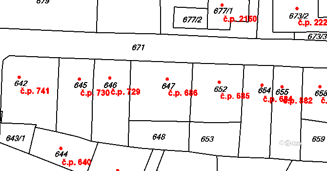 Tachov 686 na parcele st. 647 v KÚ Tachov, Katastrální mapa