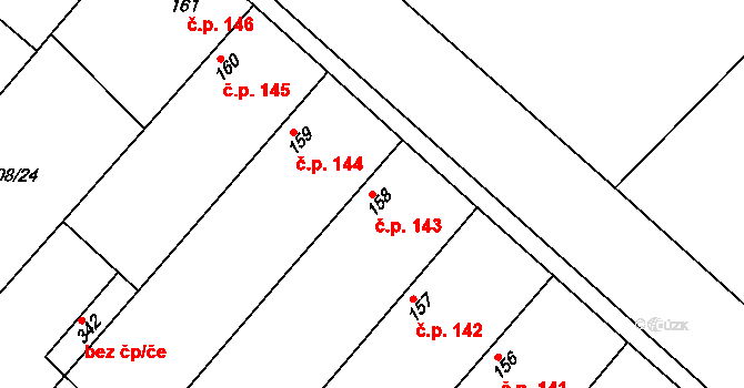 Krchleby 143 na parcele st. 158 v KÚ Krchleby u Nymburka, Katastrální mapa