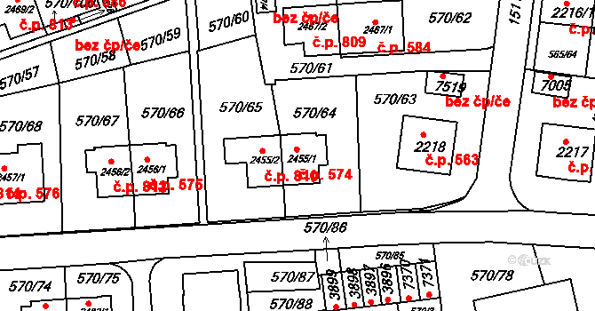 Borovina 574, Třebíč na parcele st. 2455/1 v KÚ Třebíč, Katastrální mapa