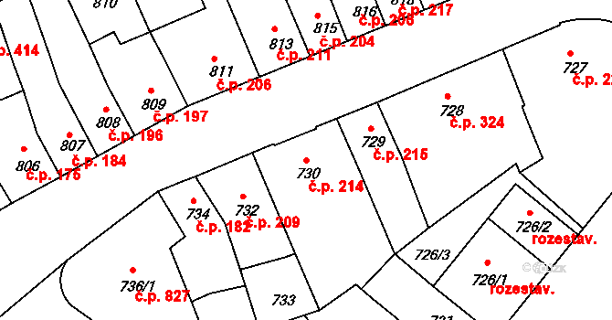 Jundrov 214, Brno na parcele st. 730 v KÚ Jundrov, Katastrální mapa