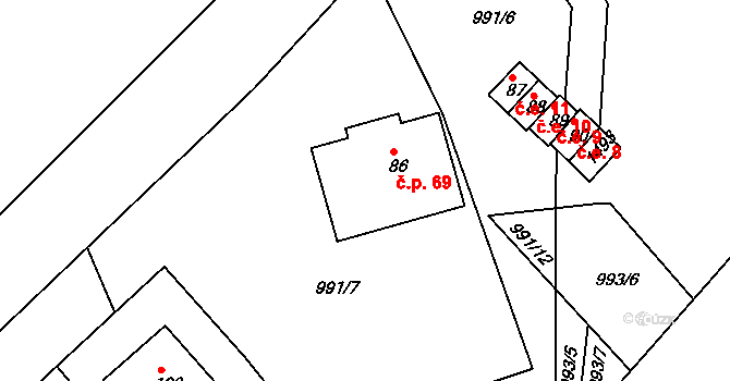 Rohozec 69 na parcele st. 86 v KÚ Rohozec u Tišnova, Katastrální mapa