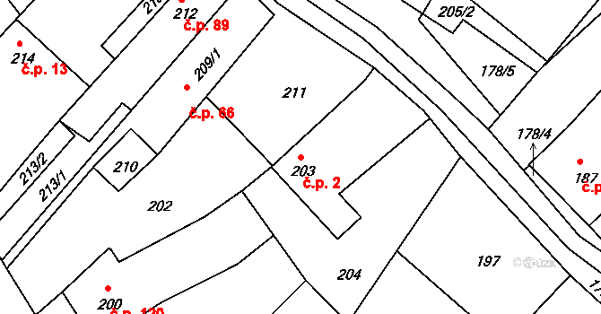 Tušť 2, Suchdol nad Lužnicí na parcele st. 203 v KÚ Tušť, Katastrální mapa