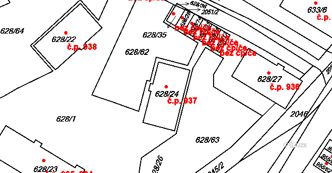 Košíře 937, Praha na parcele st. 628/24 v KÚ Košíře, Katastrální mapa
