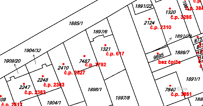 Hodonín 617 na parcele st. 1321 v KÚ Hodonín, Katastrální mapa