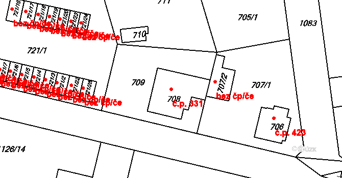 Liberec VII-Horní Růžodol 331, Liberec na parcele st. 708 v KÚ Horní Růžodol, Katastrální mapa