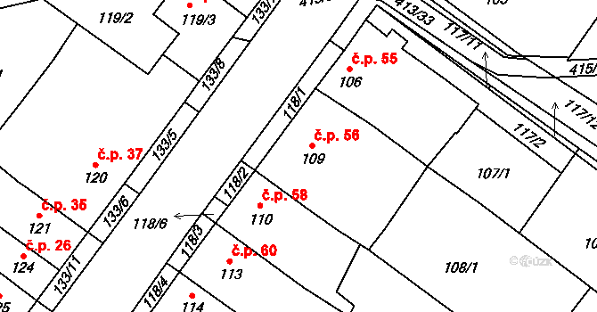 Rebešovice 56 na parcele st. 109 v KÚ Rebešovice, Katastrální mapa